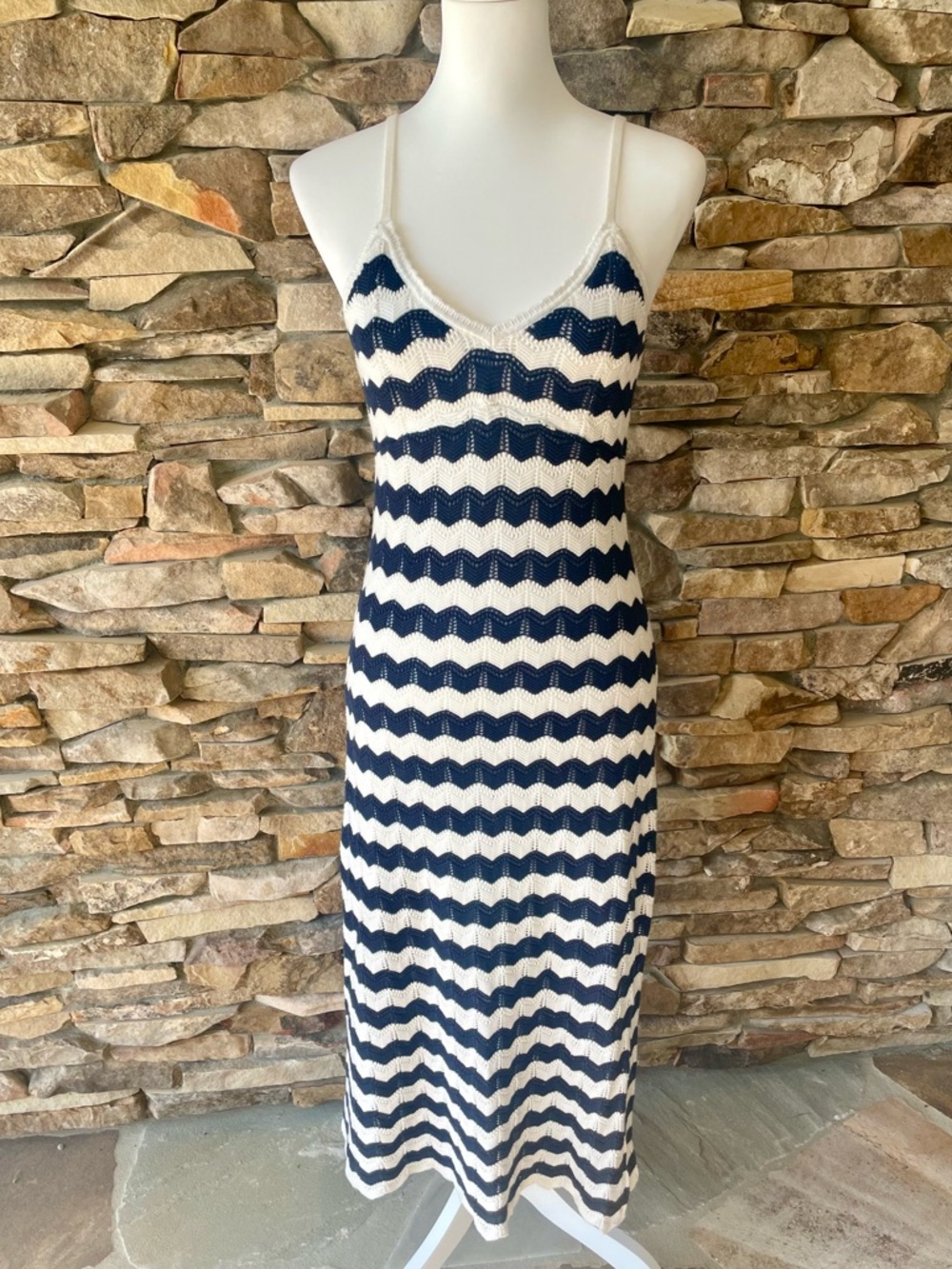 Hollister Striped Crochet Midi Dress, Size M - Navy & White